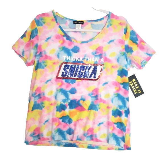 $Make it Rain$ Thicka Than a Snicka Sequins Funny Tie-Dye Graphic Tee. 1X. NWT - Picture 1 of 9